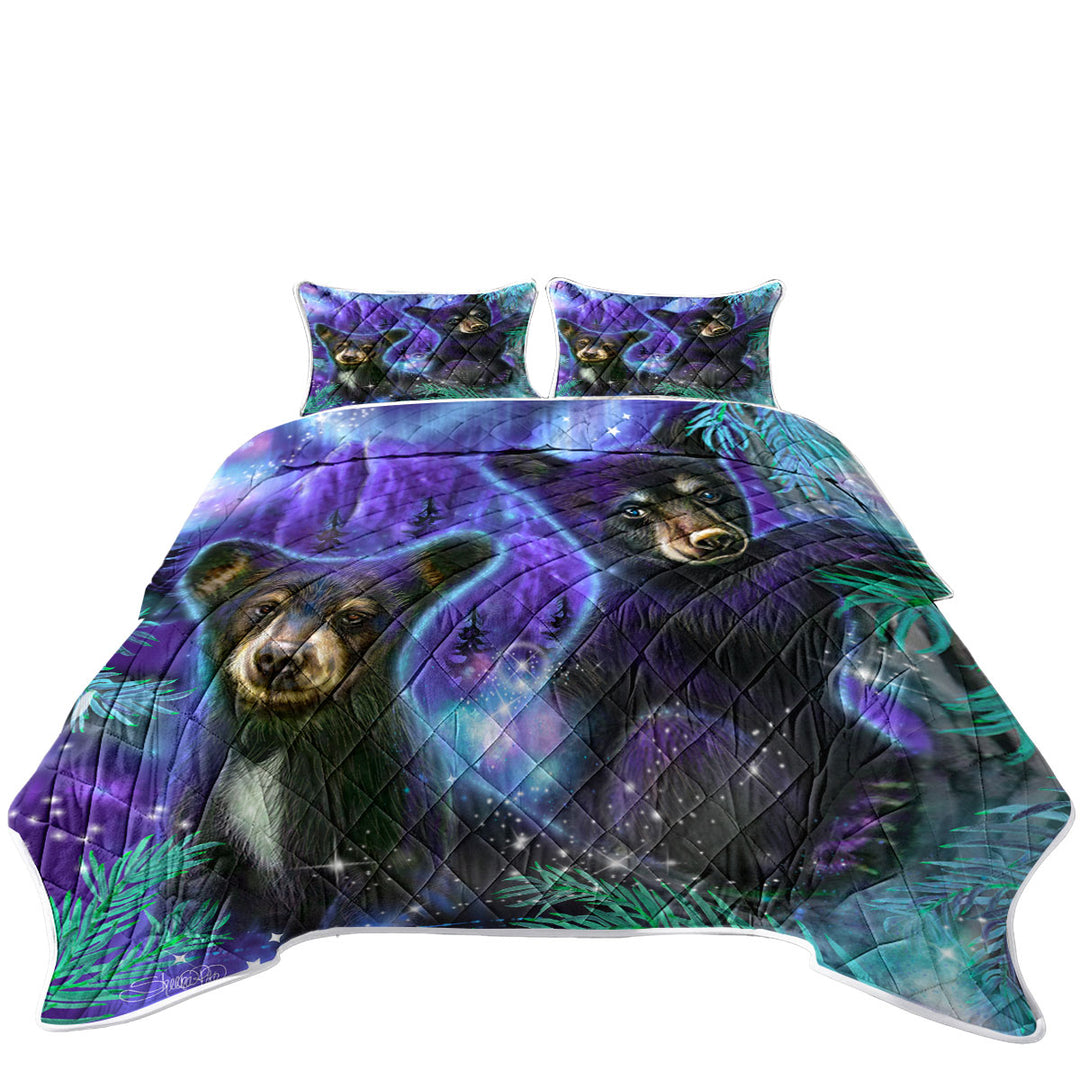 Magical Forest Purple Sky Black Bear Cubs Coverlets