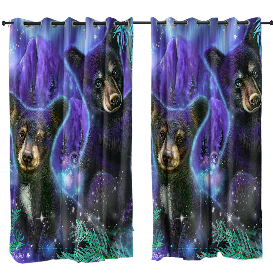 Magical Forest Purple Sky Black Bear Cubs Curtain