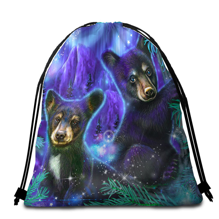 Magical Forest Purple Sky Black Bear Cubs Packable Beach Towel