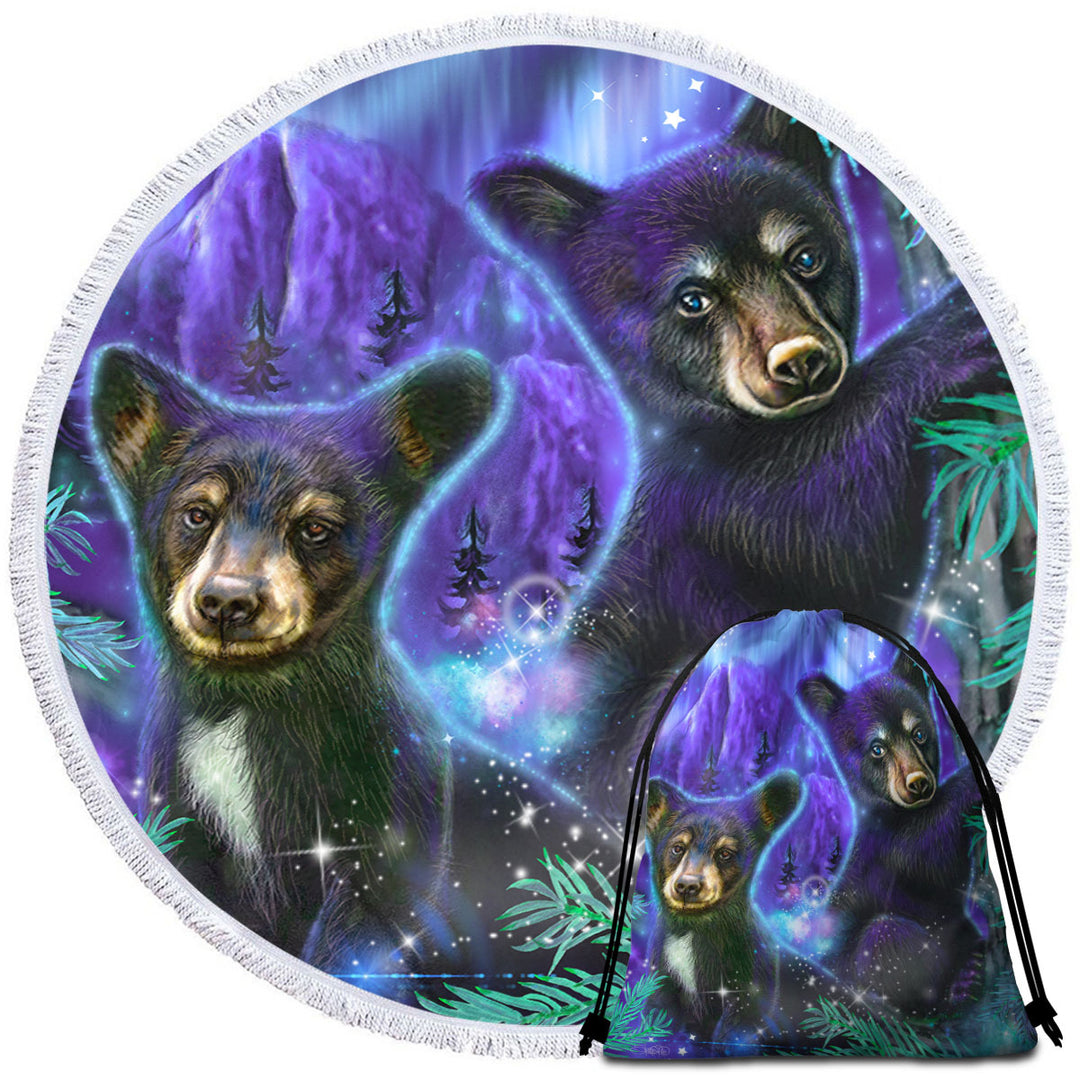 Magical Forest Purple Sky Black Bear Cubs Round Beach Towel