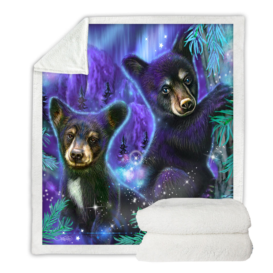 Magical Forest Purple Sky Black Bear Cubs Sherpa Blanket