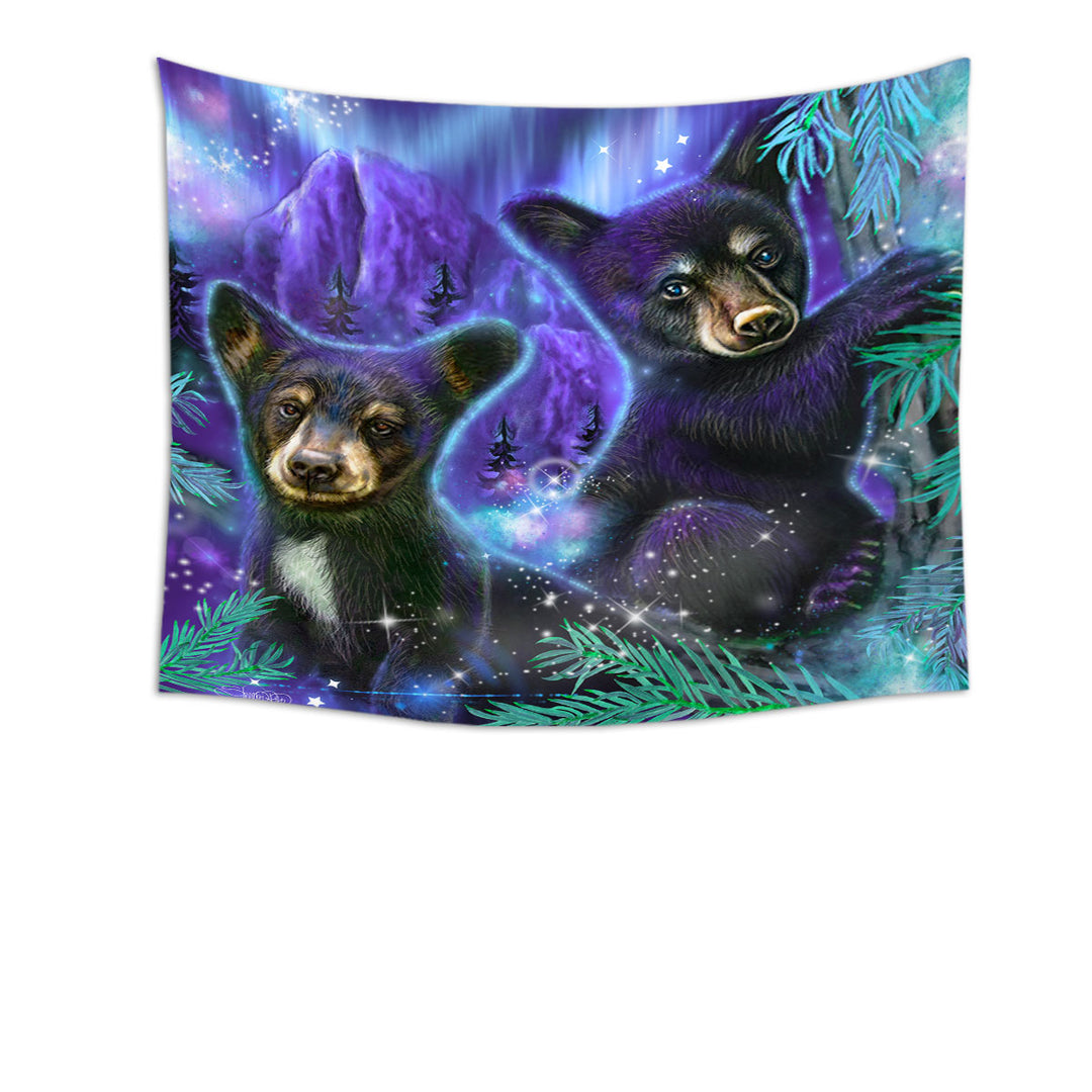 Magical Forest Purple Sky Black Bear Cubs Tapestry