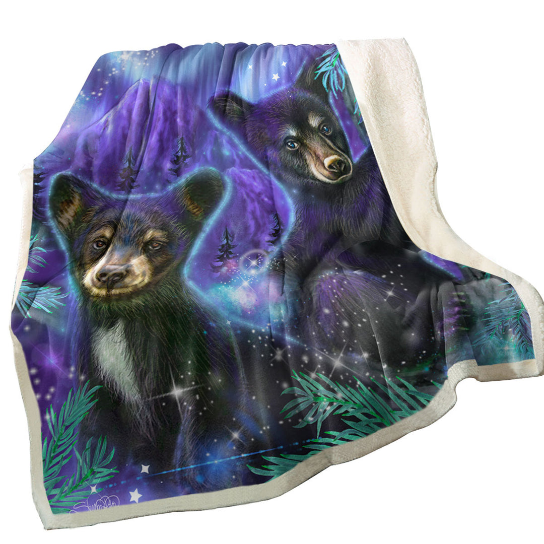 Magical Forest Purple Sky Black Bear Cubs Throw Blanket