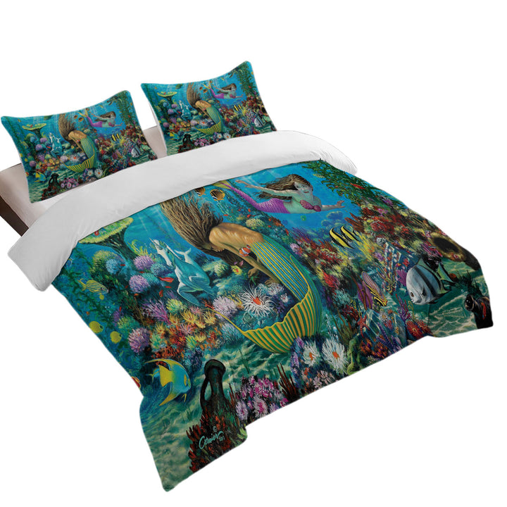 Magical Underwater Corals in the Mermaids World Queen Size Duvet Cover