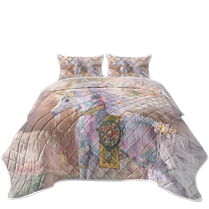 Magical Unicorn Art Pinkish Lotus Blossom King Size Quilt Sets