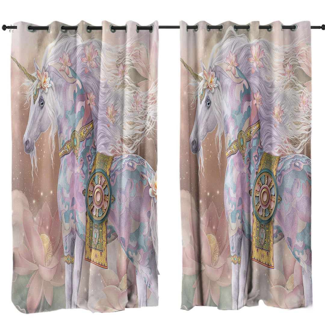 Magical Unicorn Art Pinkish Lotus Blossom Window Curtains