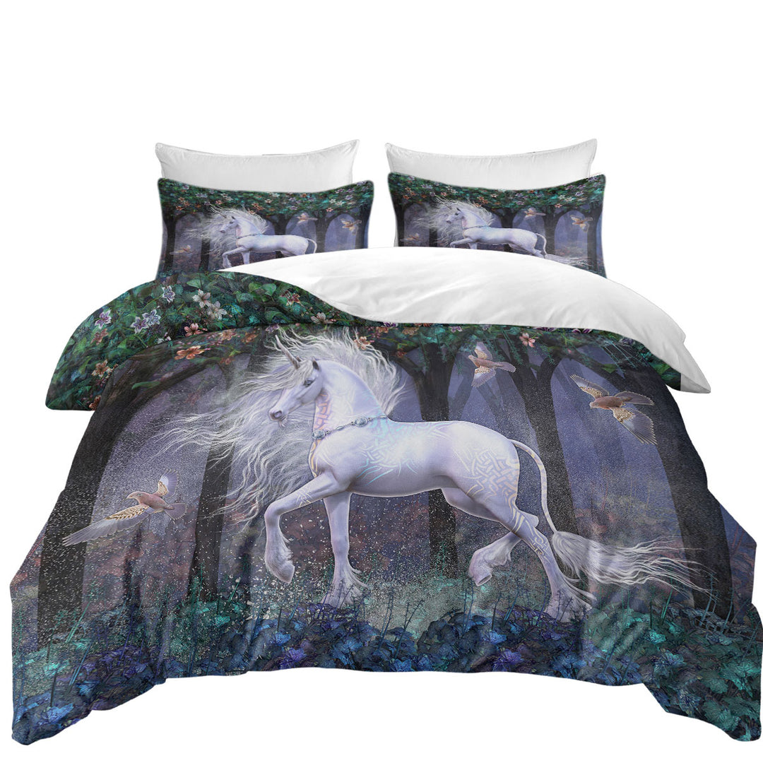 Magical White Unicorn and Birds Sacred Grove Duvet Cover Queen