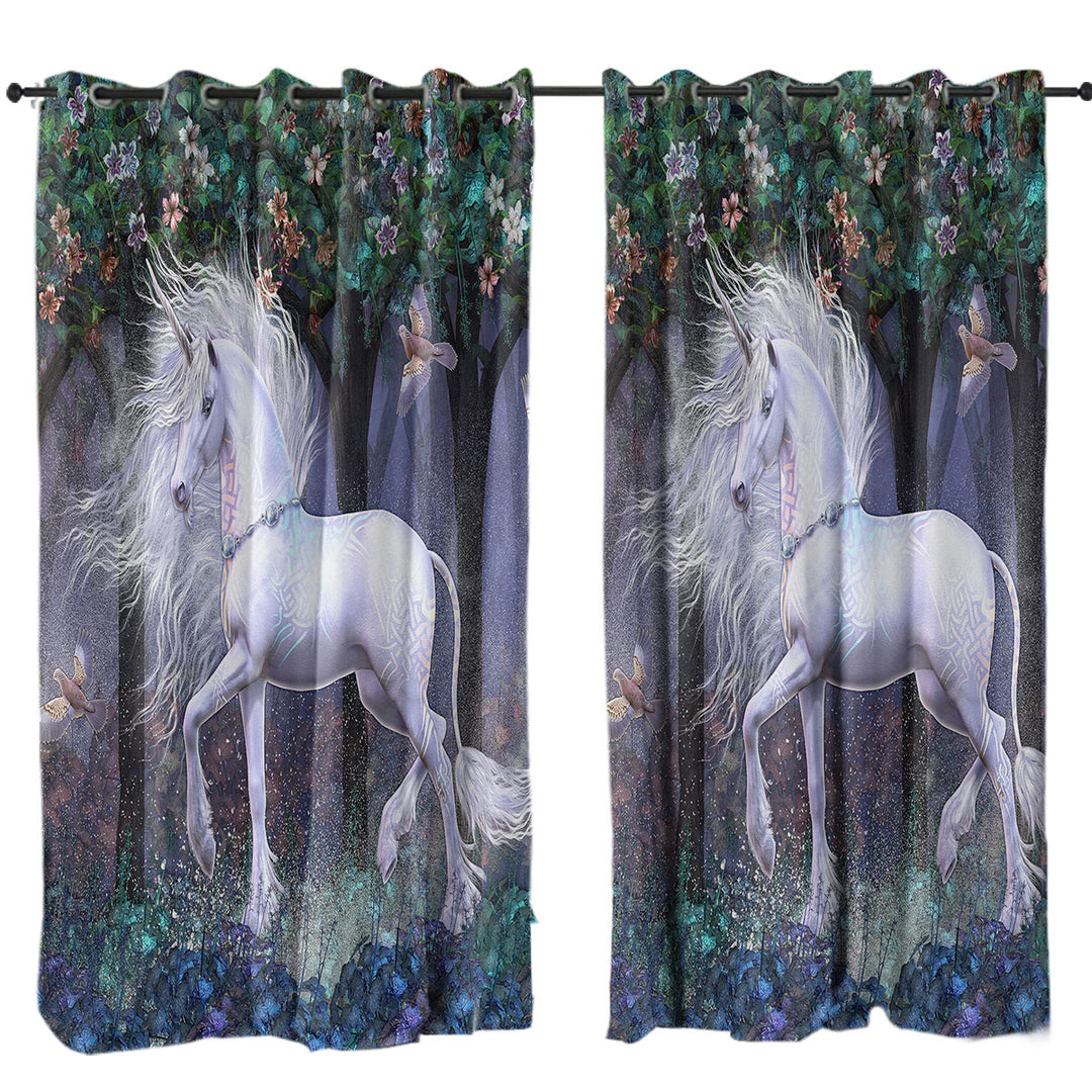 Magical White Unicorn and Birds Sacred Grove Window Curtains