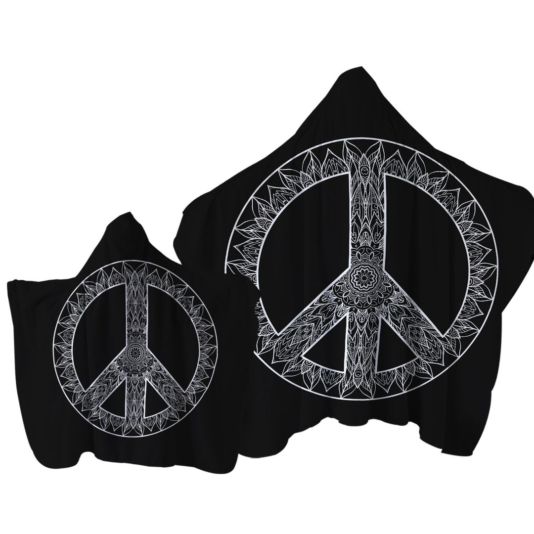 Mandala Pattern Black and White Peace Sign Towel Hoodie