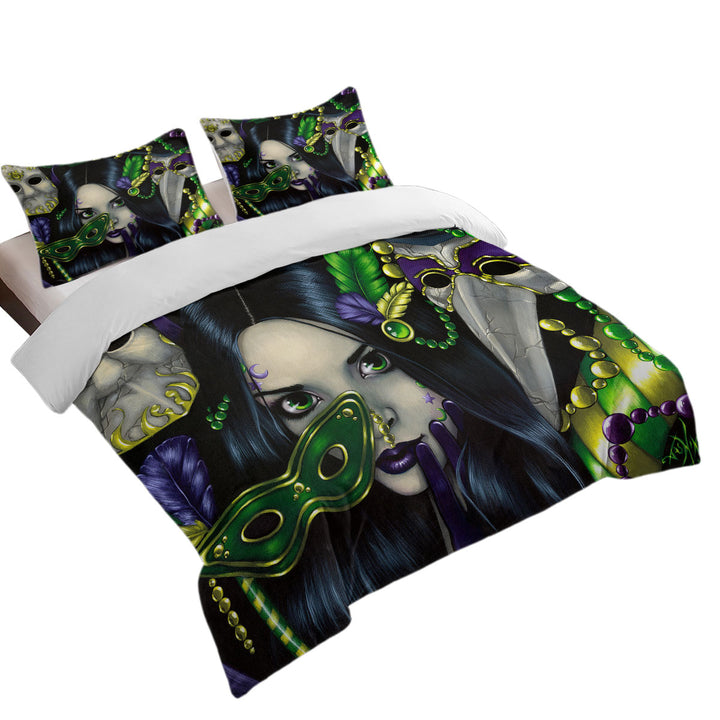 Mardi Gras Masquerade Purple Green and Gold Masks Coverlet