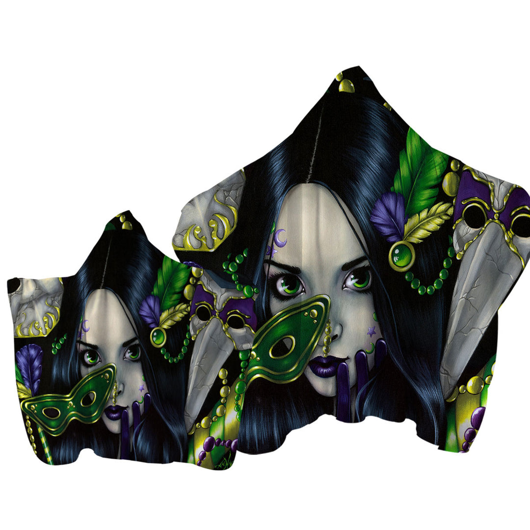 Mardi Gras Masquerade Purple Green and Gold Masks Towel with Hood