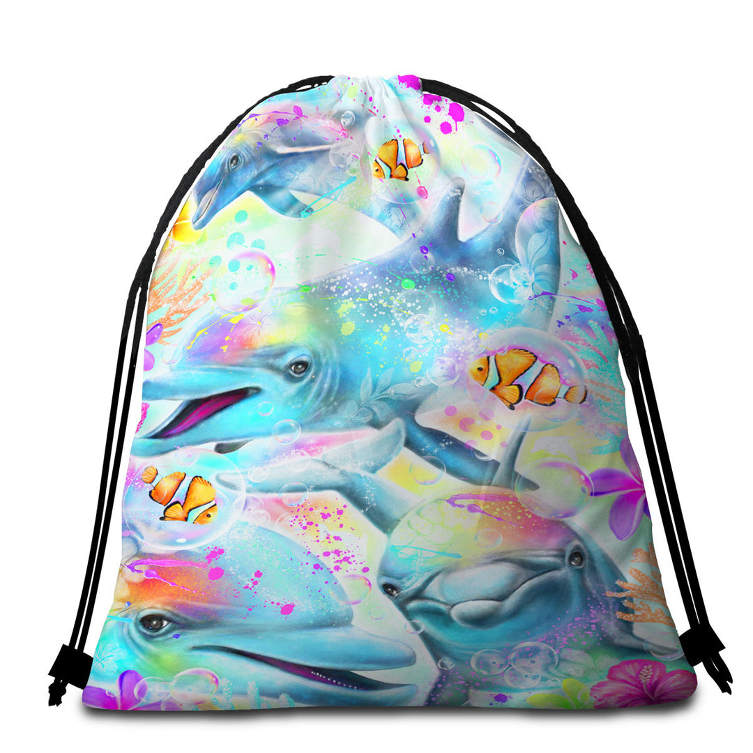 Marine Life Beach Towel Pack with Painting Daydream Rainbow Dolphins