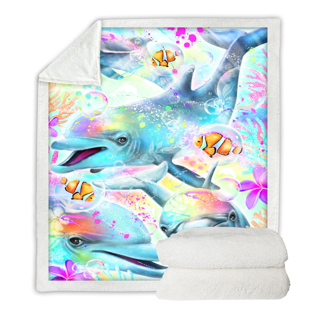 Marine Life Fleece Blankets with Painting Daydream Rainbow Dolphins