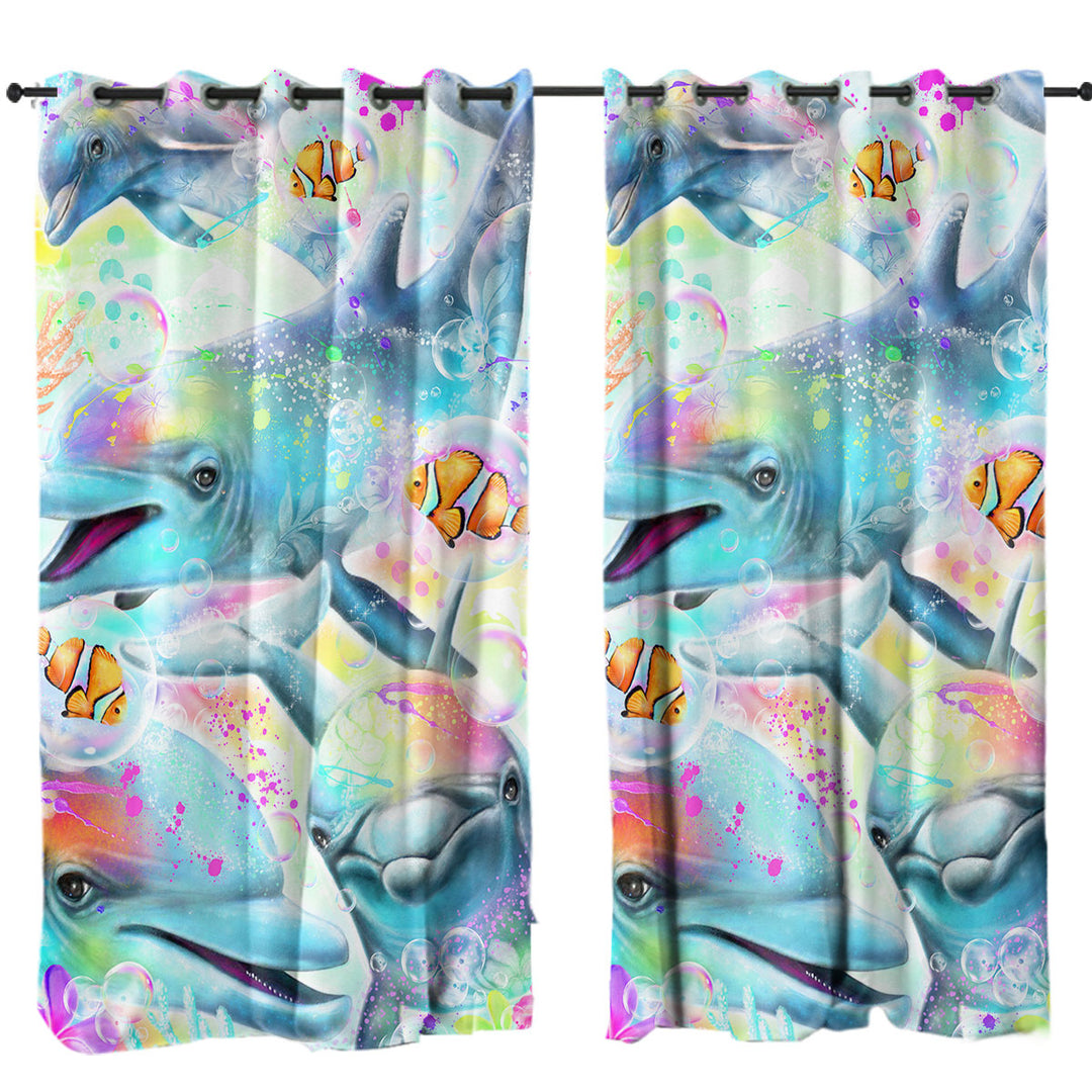 Marine Life Painting Daydream Rainbow Dolphins Curtains for Living Room