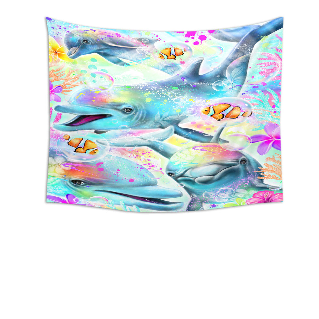 Marine Life Tapestries Wall Decor with Painting Daydream Rainbow Dolphins