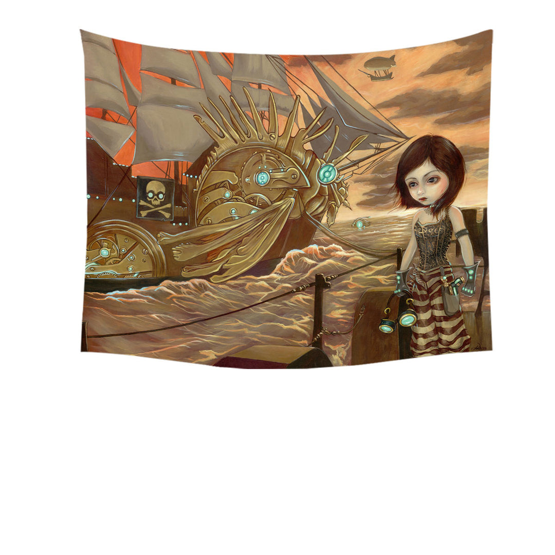 Maritime Sunset Pirates Ship Beautiful Girl Pirate Tapestry