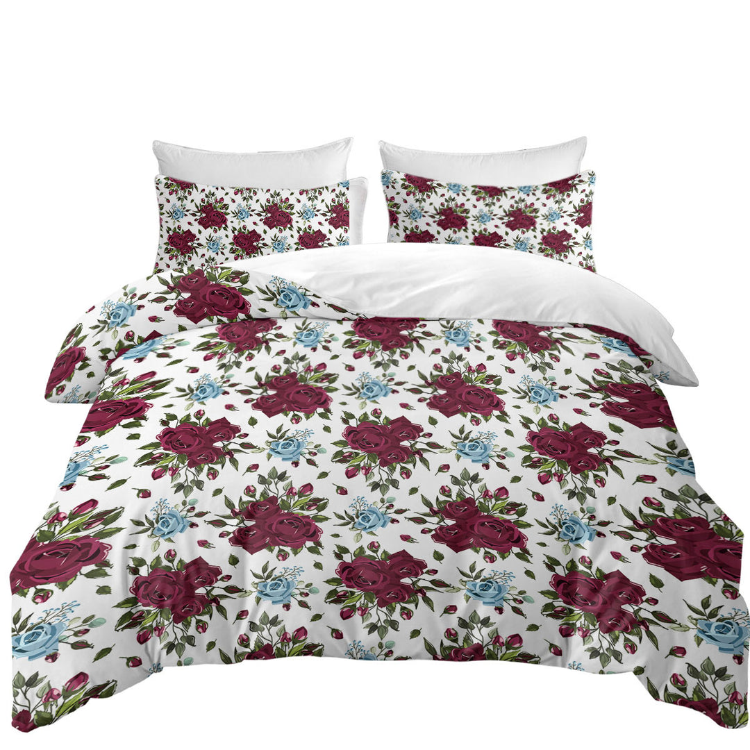 Maroon Red and Sky Blue Roses Duvet Covers