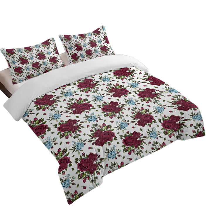 Maroon Red and Sky Blue Roses King Size Duvet Cover