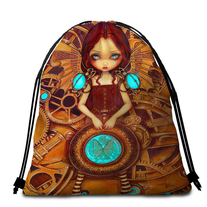 Mechanical Angel Steampunk Big Eyed Girl Beach Towels and Bags Set