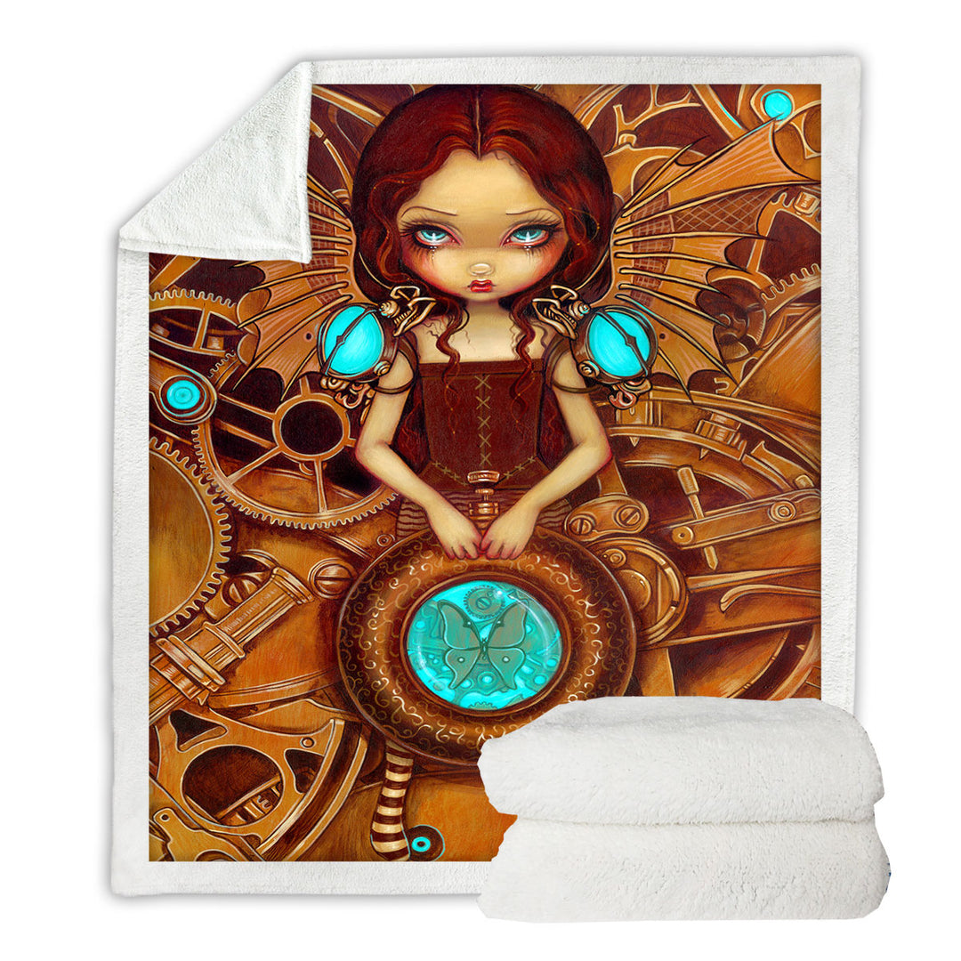 Mechanical Angel Steampunk Big Eyed Girl Throw Blanket