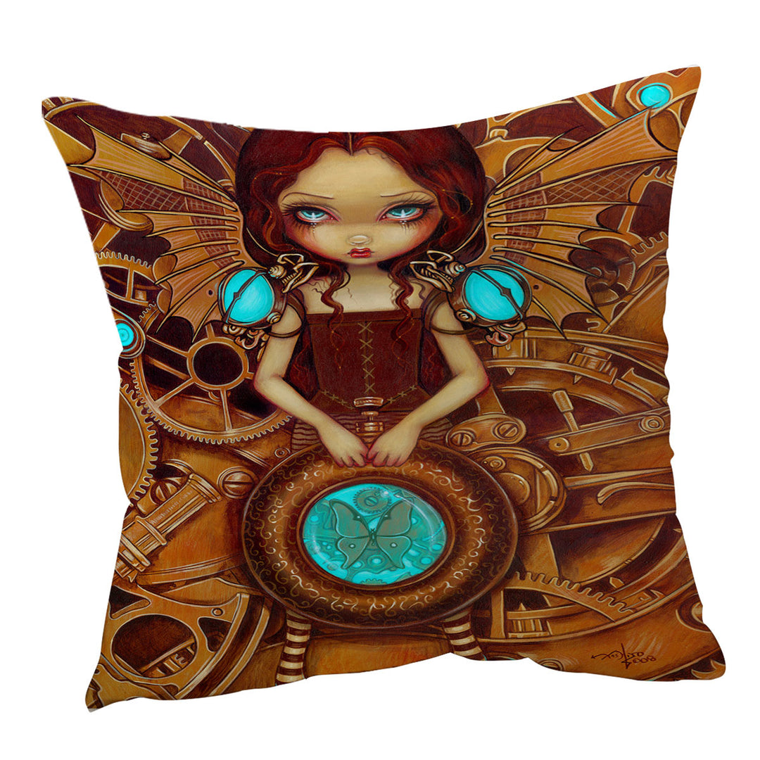 Mechanical Angel Steampunk Big Eyed Girl Throw Pillows