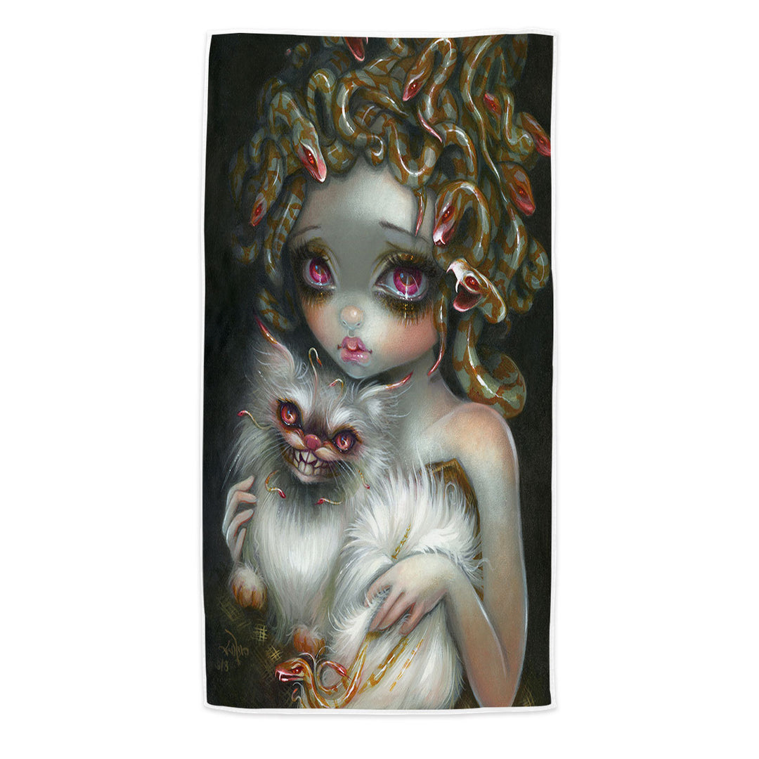 Medusa Beach Towels Scary Fantasy Art Medusa Girl and Her Cat