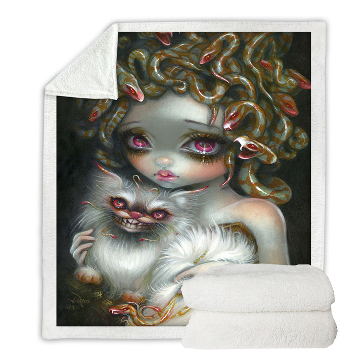 Medusa Fleece Blankets Scary Fantasy Art Medusa Girl and Her Cat