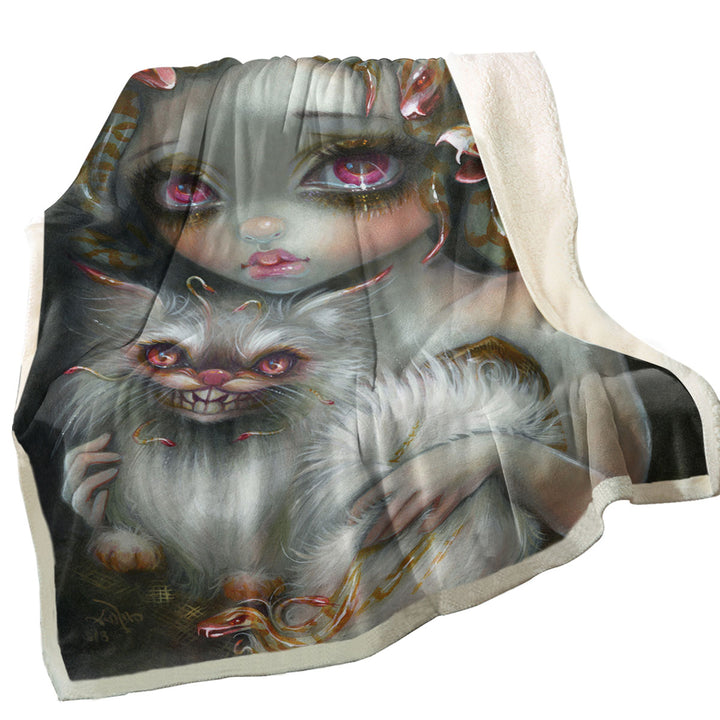 Medusa Throw Blanket Scary Fantasy Art Medusa Girl and Her Cat