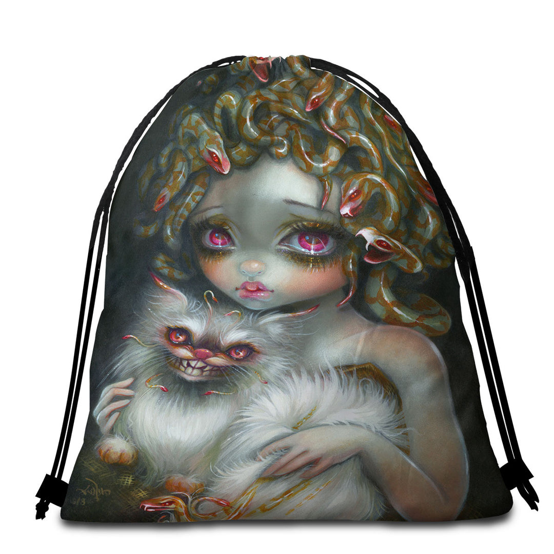 Medusa Travel Beach Towel Scary Fantasy Art Medusa Girl and Her Cat