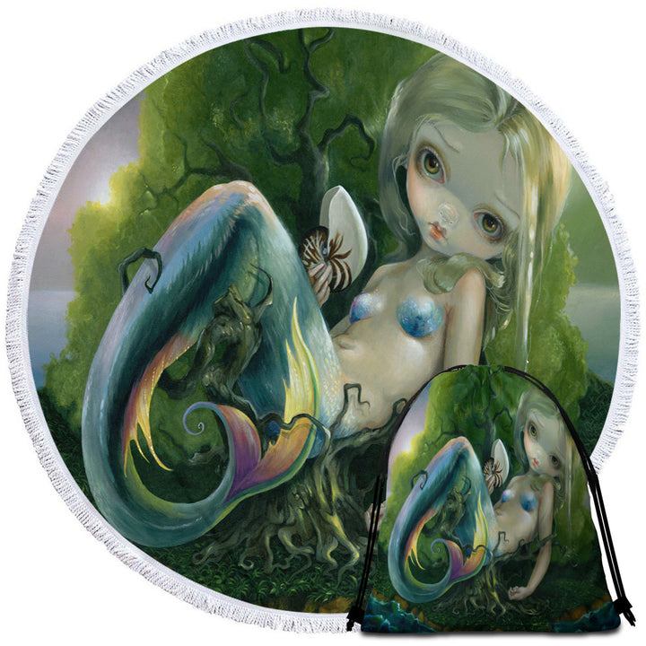 Melancholic Fantasy Stranded Island Mermaid Round Beach Towel