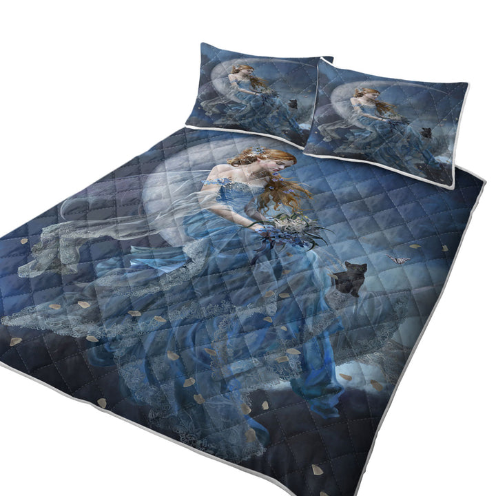 Melancholy Beautiful Moon Fairy in Blue Twin Quilt