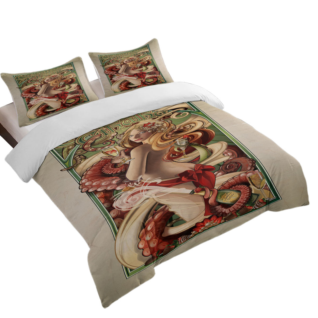 Mens Art Champagne Cthulhu and Sexy Woman Coverlet