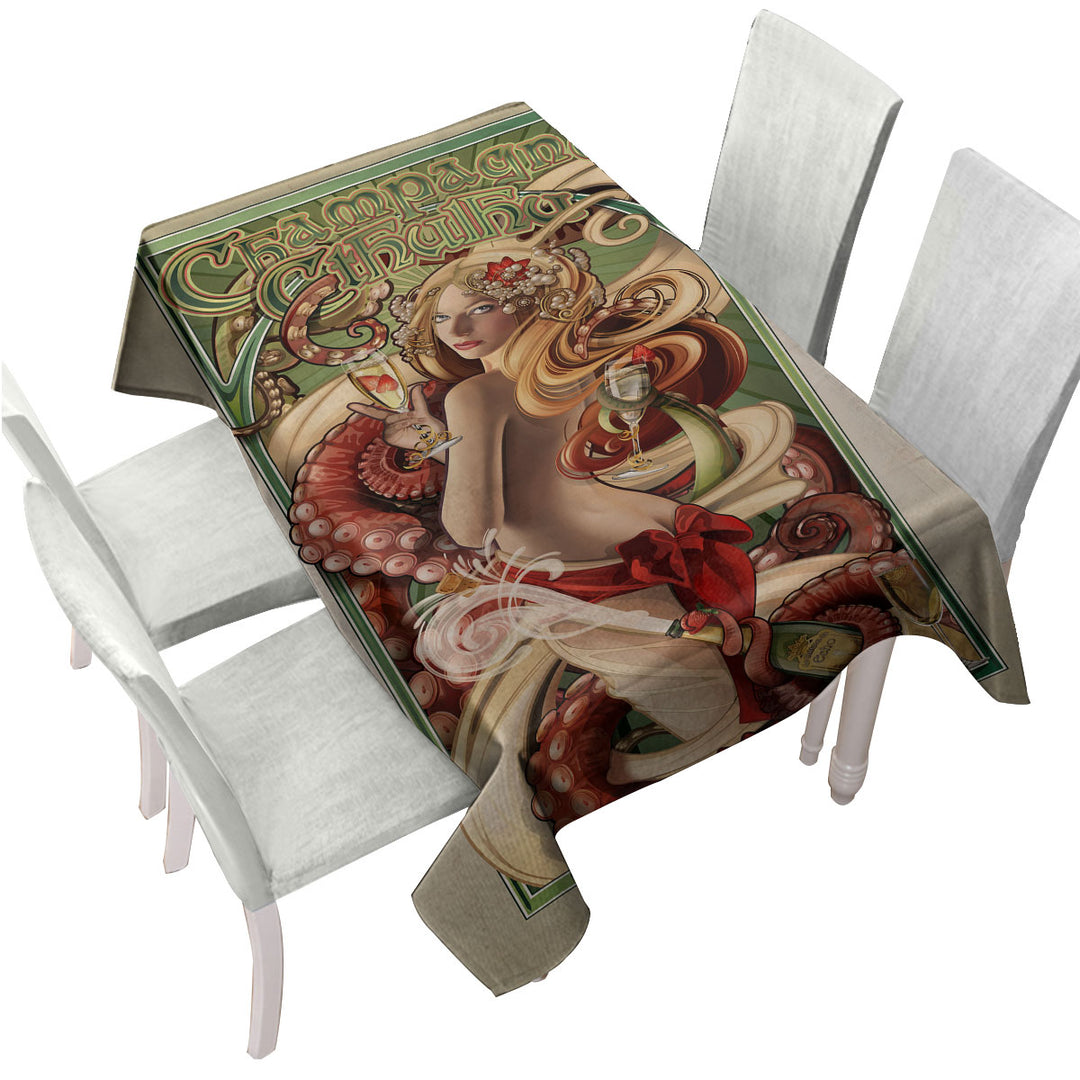 Mens Art Champagne Cthulhu and Sexy Woman Custom tablecloths