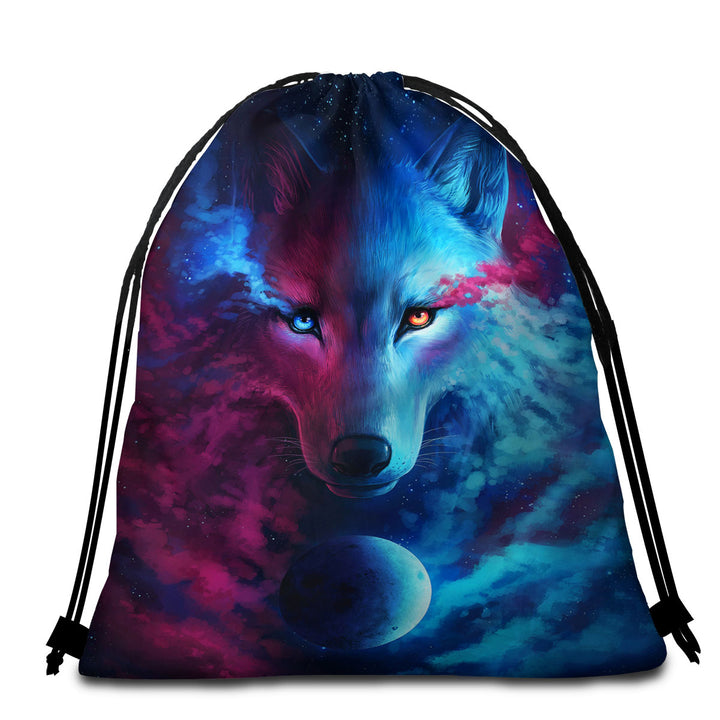 Mens Beach Towel Bags Where Light and Dark Meet Moon Wolf