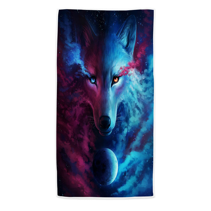 Mens Beach Towels Where Light and Dark Meet Moon Wolf