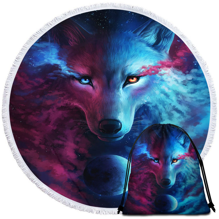 Mens Circle Beach Towel Where Light and Dark Meet Moon Wolf