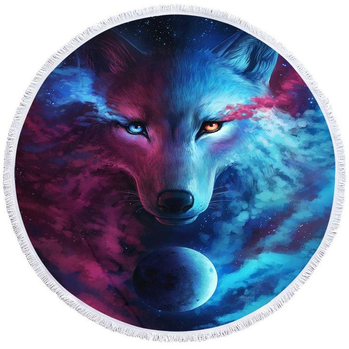 Mens Round Beach Towel Where Light and Dark Meet Moon Wolf