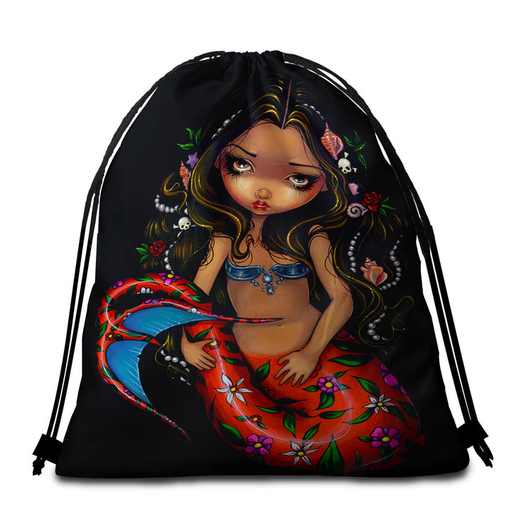 Mermaid Beach Towels and Bags Set La Sirena the Big Eyed Mermaid with a Floral Tail