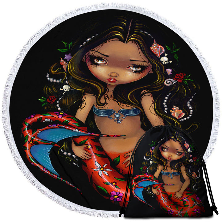 Mermaid Round Beach Towel La Sirena the Big Eyed Mermaid with a Floral Tail