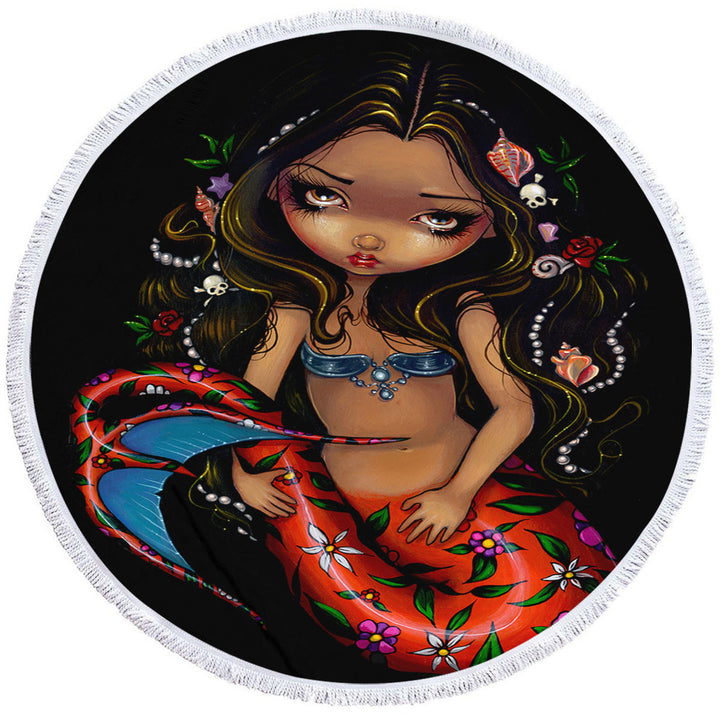 Mermaid Round Towel La Sirena the Big Eyed Mermaid with a Floral Tail