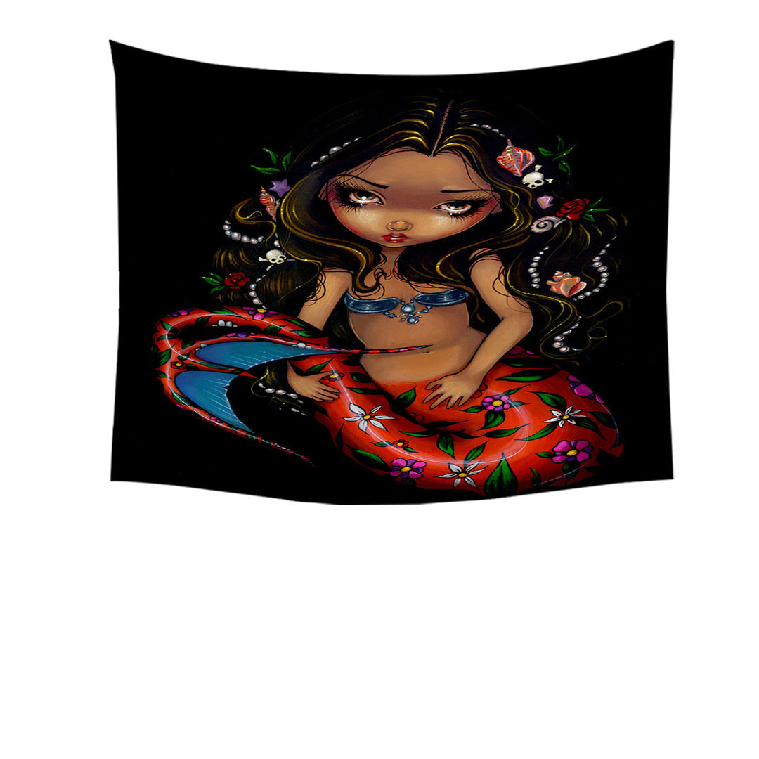 Mermaid Tapestry Wall Decor La Sirena the Big Eyed Mermaid with a Floral Tail