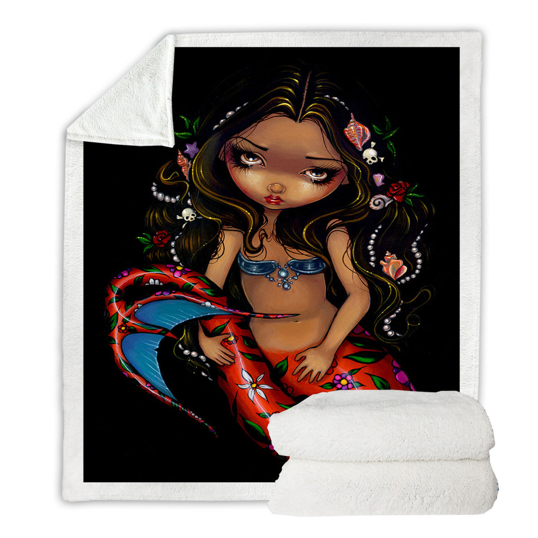 Mermaid Throw Blanket La Sirena the Big Eyed Mermaid with a Floral Tail