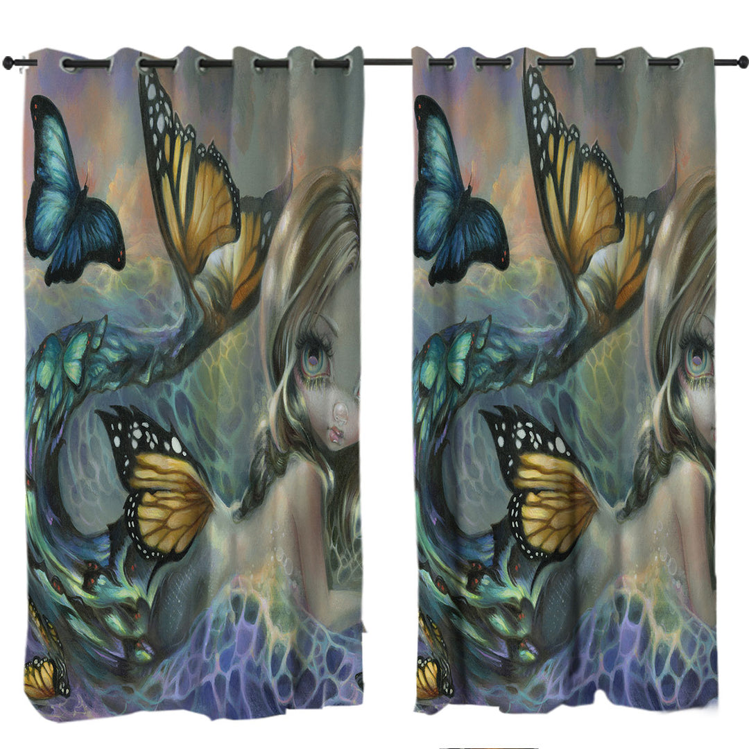 Mermaid and Butterflies Fantasy Painting Sea Monarch Drapes for Living Room