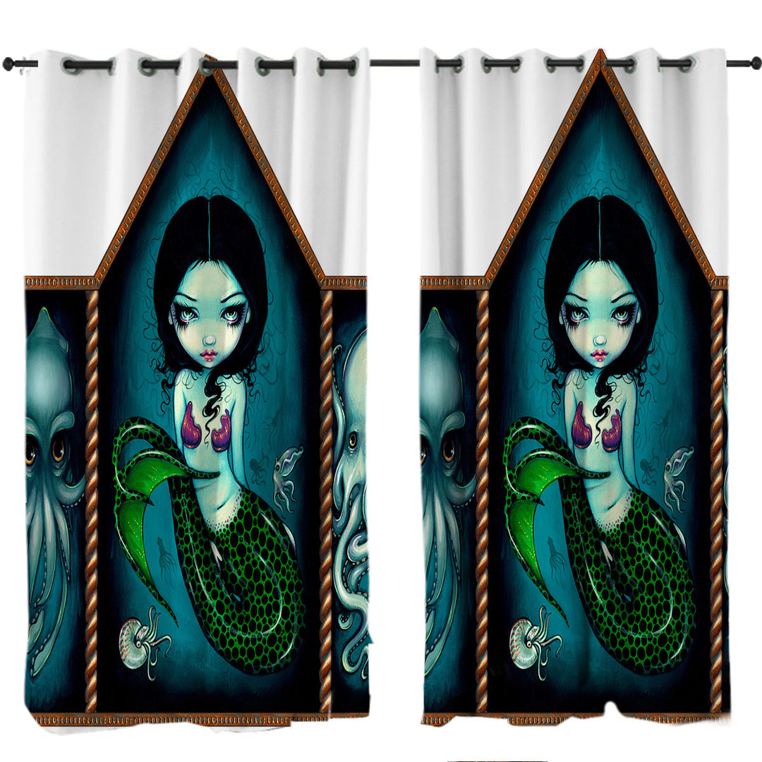 Mermaid with Cephalopods Octopus Squid Eyelet Curtains