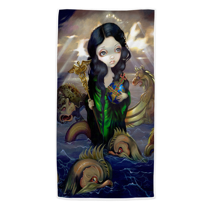 Microfiber Beach Towel of Alchemical Seas Sea Maiden and Monsters Spirits