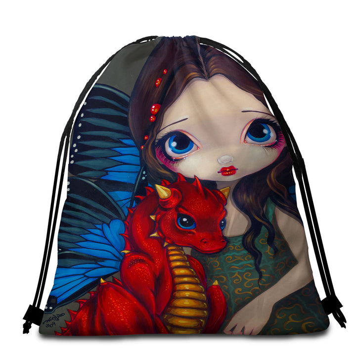 Microfiber Beach Towel with Fantasy Art Girl and Baby Red Dragon