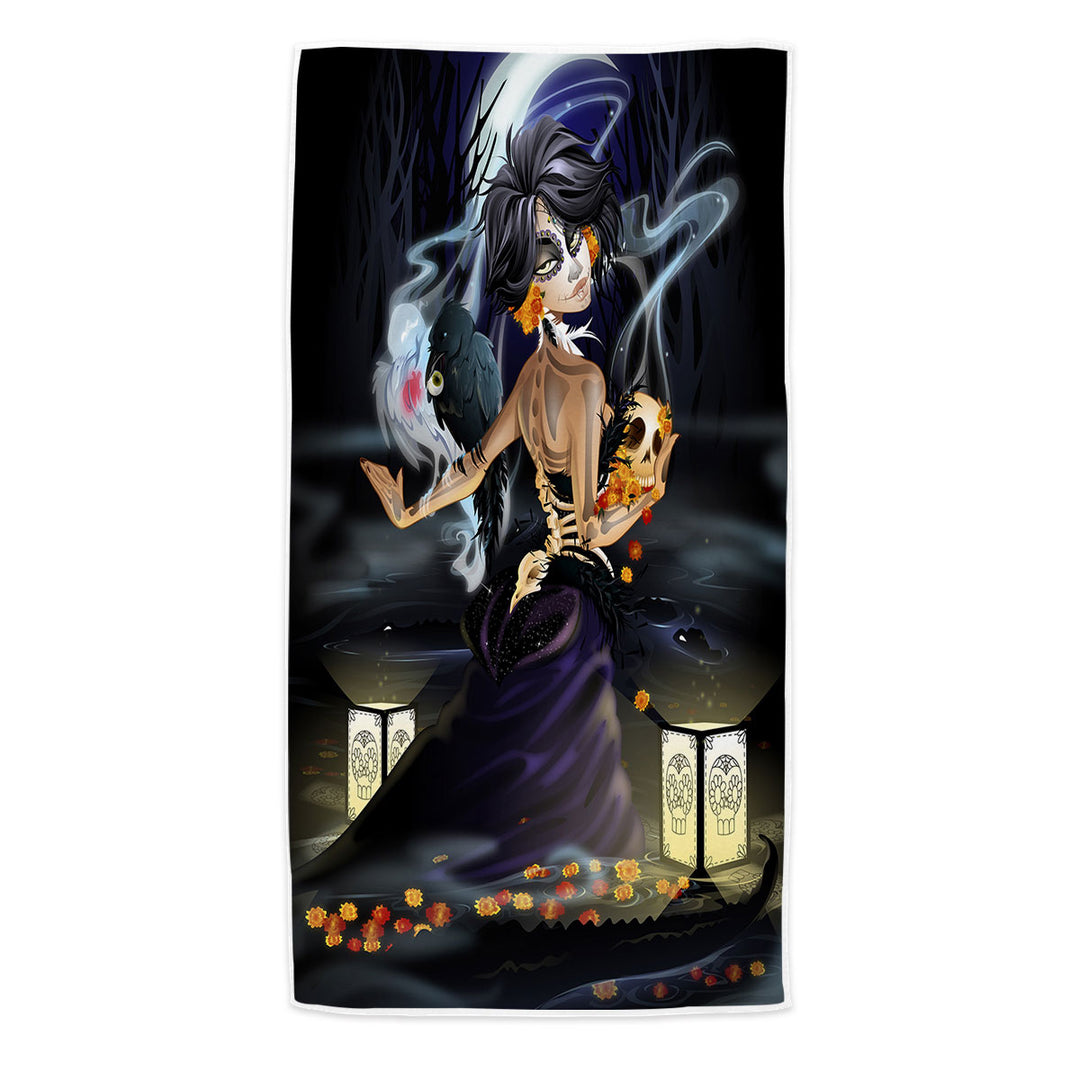 Microfibre Beach Towels with Mourning Beauty Woman Crows and Skulls