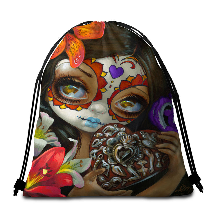 Milagros Corazon Day of the Dead Lovely Girl Beach Towels and Bags Set