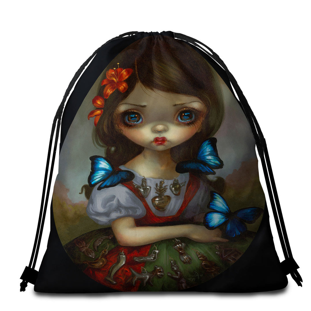 Milagros Mariposas Lovely Painted Girl with Flowers Beach Towel Bags