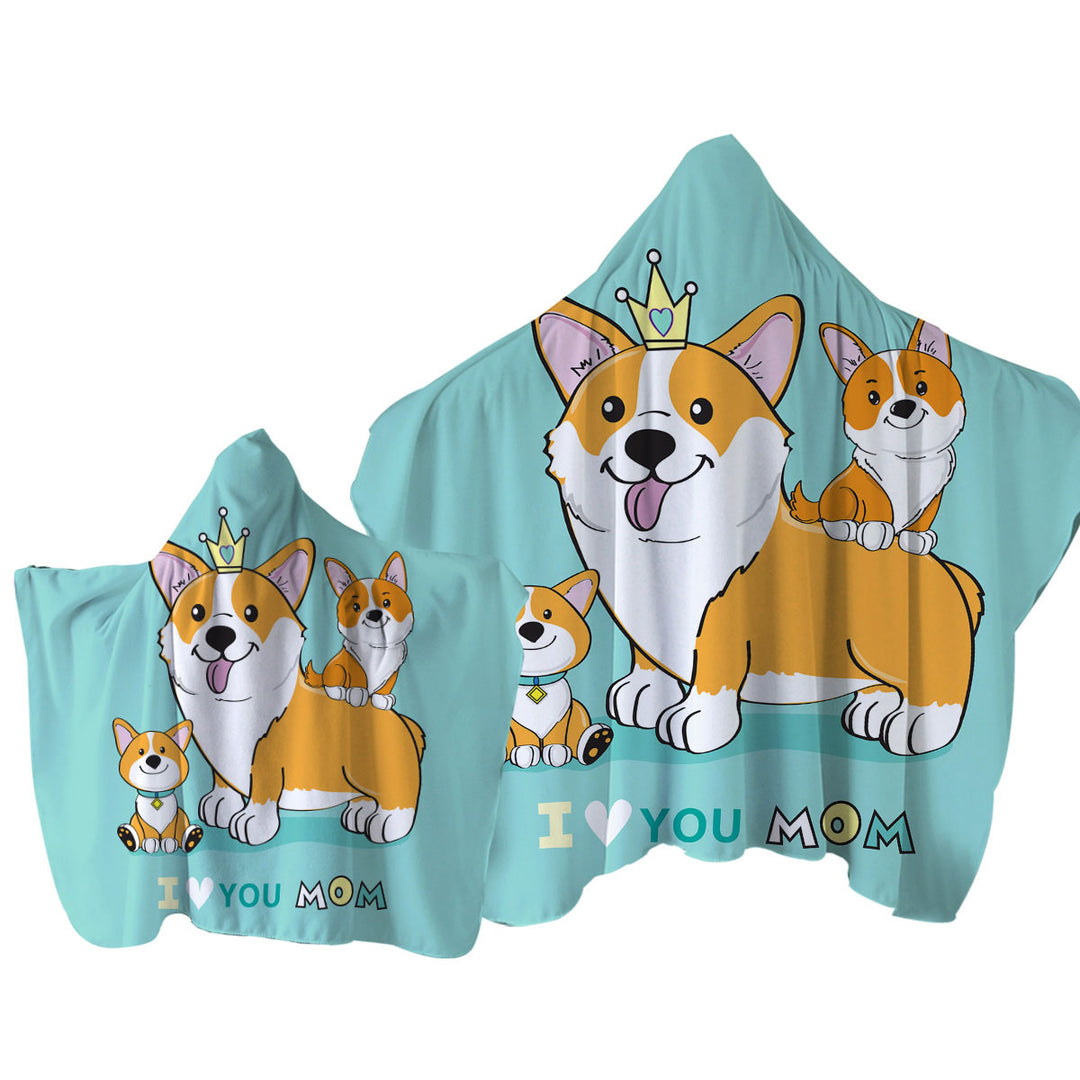 Mom and Puppies Cute Corgi Dog Family Towel with Hood